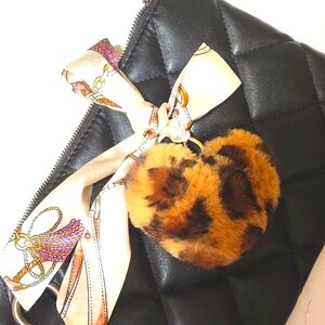 🆕2PC Leopard Heart Pom Pom Bag Charm/Key Ring with LUX Twill Satin Scarf